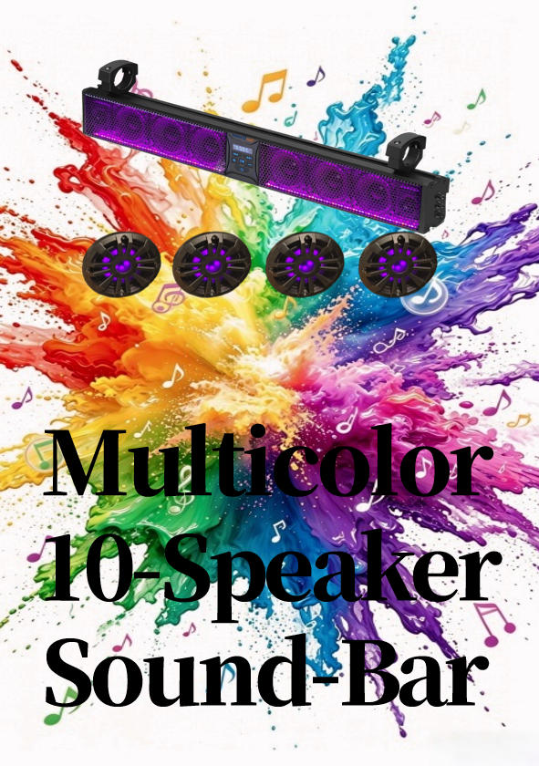 Waterproof 10-speaker golf cart sound bar with multi-color LED lights, Bluetooth audio kit for Sun Cruiser EV electric utility vehicles.