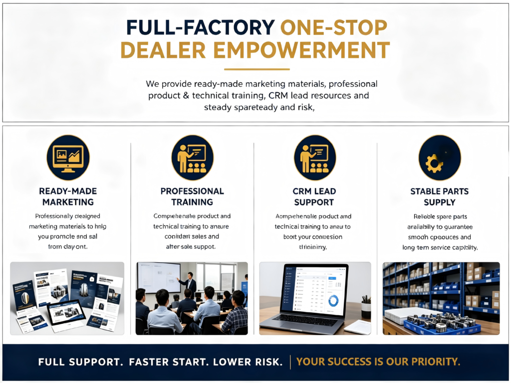 Full-Factory One-Stop Dealer Empowerment program for Sun Cruiser EV golf carts, showing ready-made marketing materials, professional training, CRM lead support, and stable parts supply