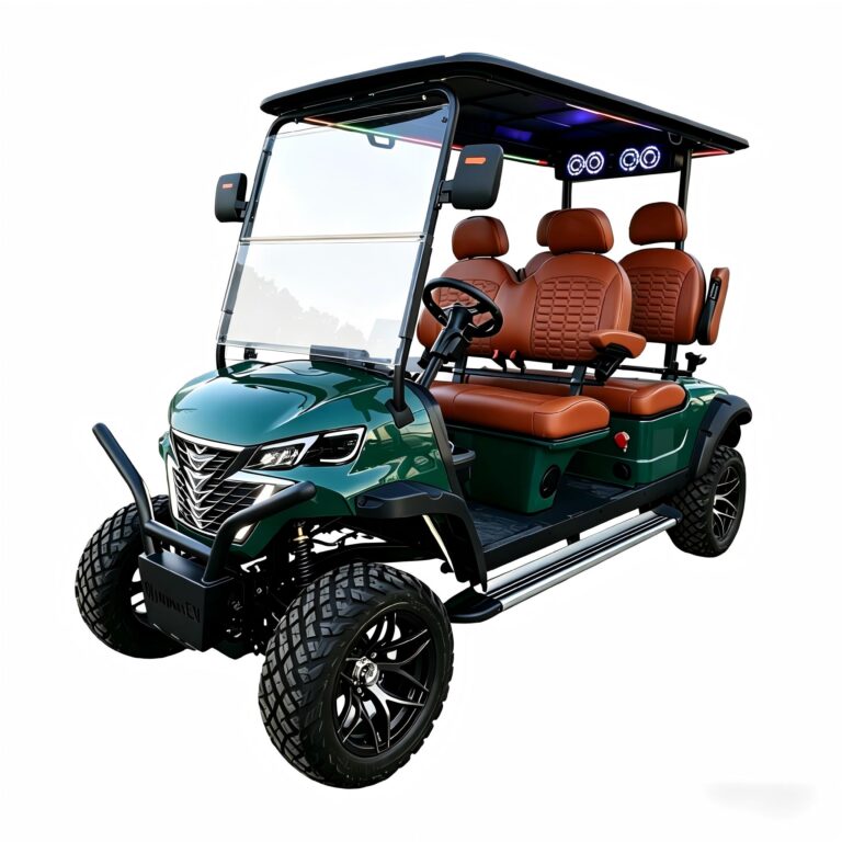 Luxury forest green Aurora 40X lifted 4-seater golf car with brown quilted leather seats, RGB LED soundbar, and custom black off-road wheels.