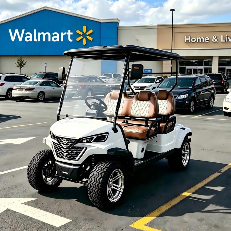 White Aurora 40X lifted 4-seater golf car parked at a shopping center, featuring luxury brown quilted seats and street-legal off-road tires.
