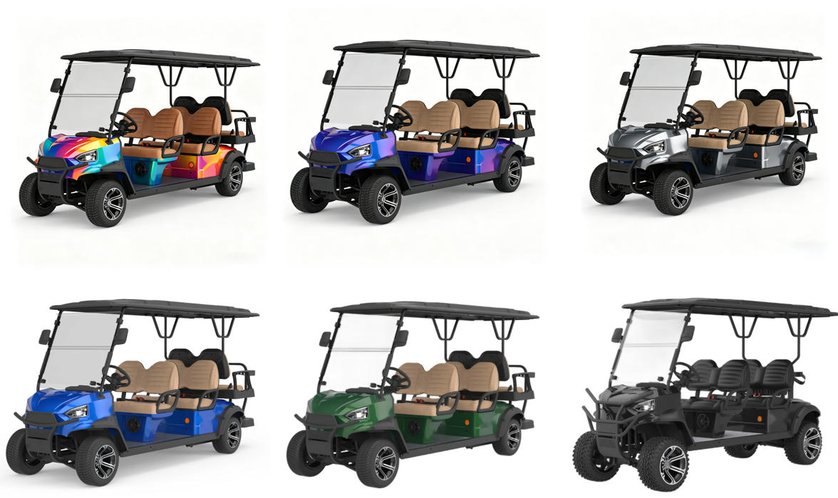 A collection of Fairway 50X lifted electric golf cars in six different colors, including multi-color patterns, blue, silver, green, and matte black, showcasing customizable options for residential PTVs.