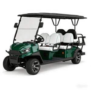 Forest green Fairway 50X 6-seater street-legal lifted golf car with white seats, featuring high-performance lithium PTV technology for a neighborhood electric vehicle experience.