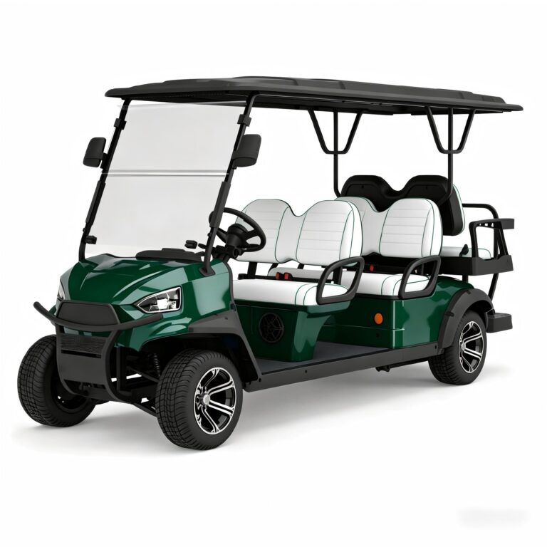 Forest green Fairway 50X 6-seater street-legal lifted golf car with white seats, featuring high-performance lithium PTV technology for a neighborhood electric vehicle experience.