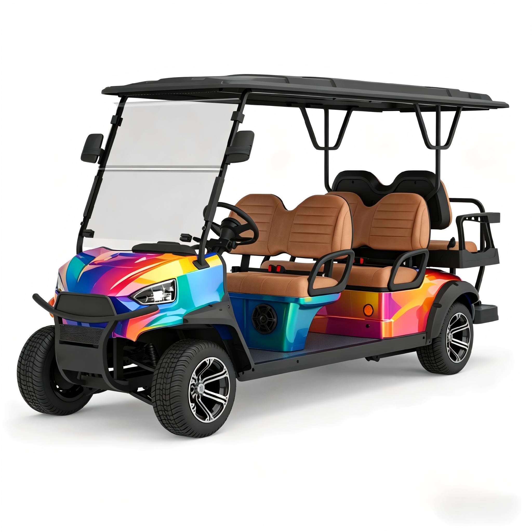 Custom neon rainbow wrapped Fairway 50X lifted 6-seater electric golf car with tan seats and high-clearance chassis, designed as a street-legal PTV for family neighborhood travel.