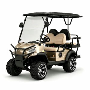 Fairway 30 gold 4-seater lifted golf cart with 2 front-facing and 2 rear-facing seats, featuring off-road tires and a black brush guard.
