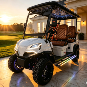 The Meridian X flagship white 4-seater lifted golf car featuring an illuminated starlight roof, diamond-stitched brown leather seats, and LED underbody lighting at a luxury estate during sunset.