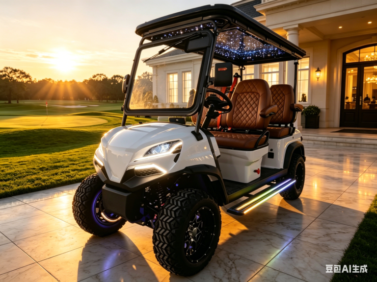 The Meridian X flagship white 4-seater lifted golf car featuring an illuminated starlight roof, diamond-stitched brown leather seats, and LED underbody lighting at a luxury estate during sunset.
